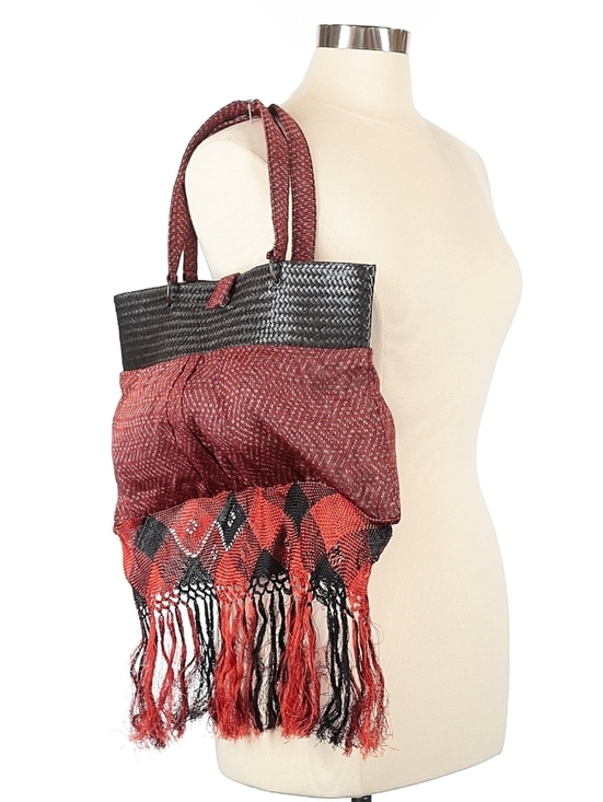 Handbags - Black Woven Straw Bag With Red & Black Check Fringed Ends